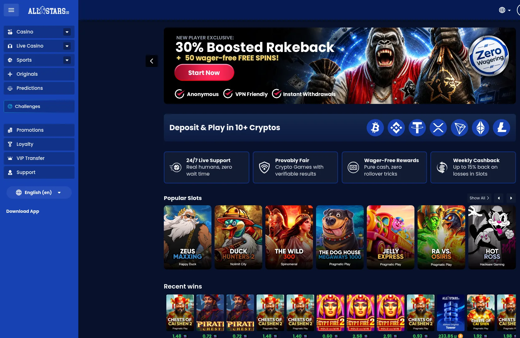 Allstars Casino desktop interface