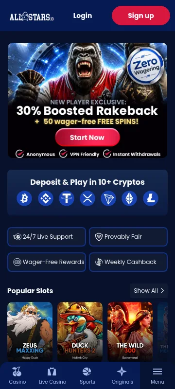 Allstars Casino mobile browser interface